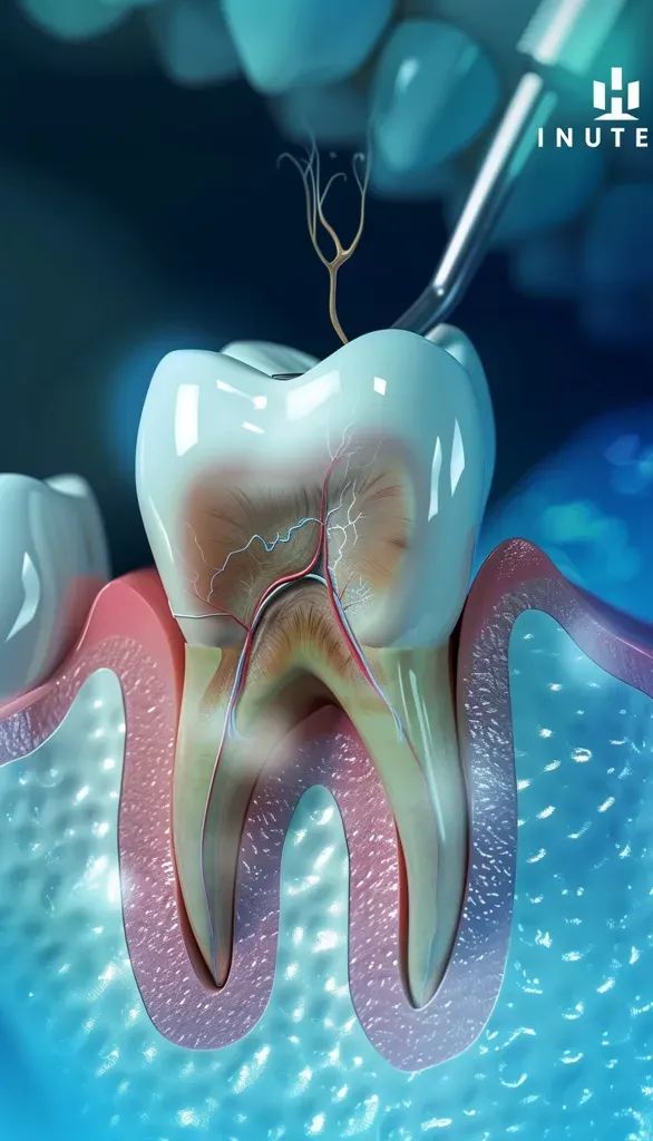 intricate close up of a tooth revealing exposed nerve and root canals